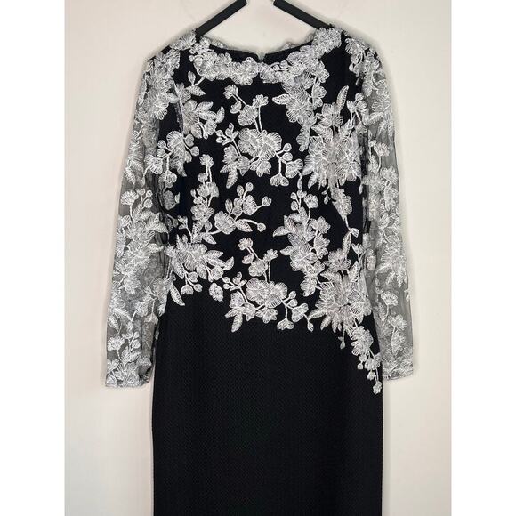 Tadashi Shoji Ishi Embroidered Tulle Evening Gown Black/White Women's Size 6 - Picture 5 of 12